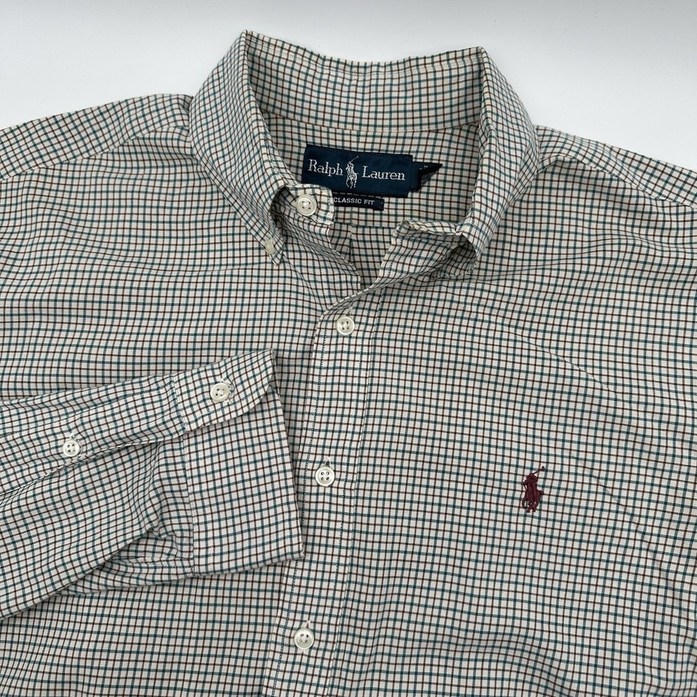 Ralph Lauren Mens Large Classic Fit Tattersall Check Button Down Shirt Tan Green